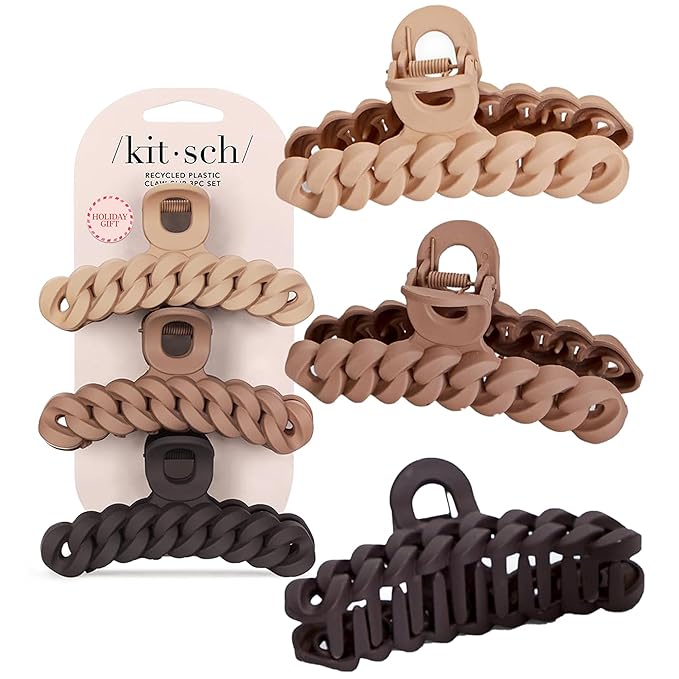 Kitsch Recycled Plastic Large Claw Clip, Big Chain Hair Clips for Women, Big Claw Clips for Thick Hair | Ideal Gifts for Women, (3pc Set Large Neutrals)