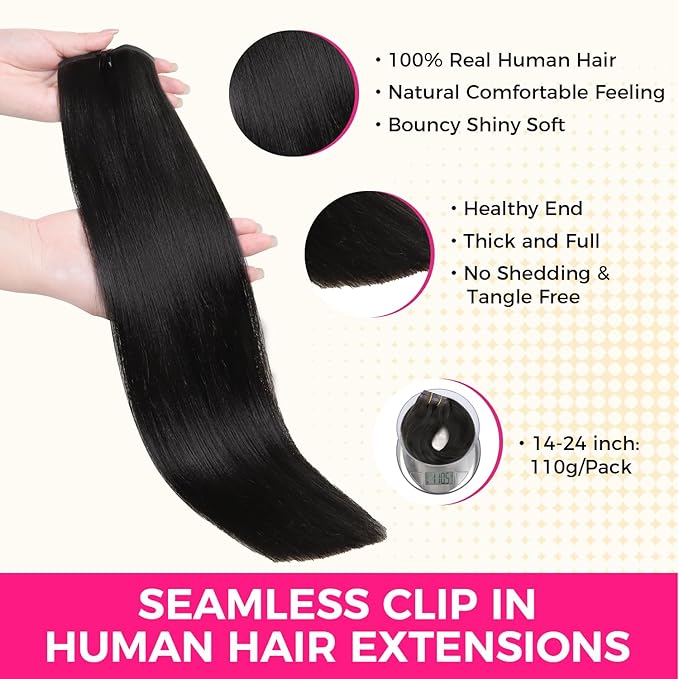 Lashey Seamless Clip in Hair Extensions Human Hair Light Yaki Straight 110g 7pcs Natural Black 18 Inch PU Clip Soft Invisi Edge