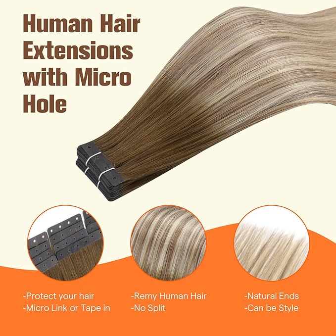 Full Shine Holed Tape in Hair Extensions Human Hair 24Inch Invisible Tape Extensions Seamless Color 3 Dark Brown to 8 Ash Brown and 22 Blonde 20PCS 50G Skin Weft for Wedding PU Weft