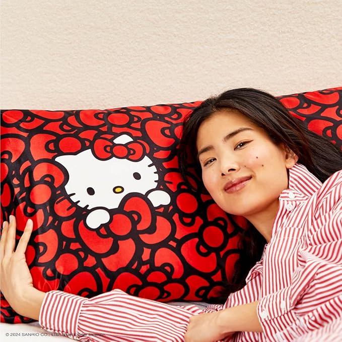 Kitsch x Hello Kitty Pillow Case – Sea of Bows Toddler Bed Time Satin Pillowcase with Zipper – Soft Cooling Pillow Cover for Hair & Skin – Better Than Silk Pillowcase – Queen/Standard 19x26