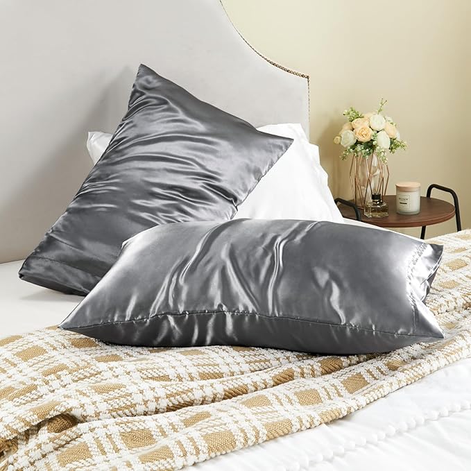 BEDELITE Satin Pillowcase for Hair and Skin, Super Soft and Cooling Similar to Silk Pillow Cases 2 Pack with Envelope Closure, Gift for Women Men(20"x26" Standard Size, Dark Grey)
