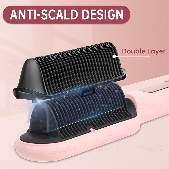 Negative Ionic Hair Straightener Brush with 9 Temp Settings, 30s Fast Heating Hair Straightening Comb with LED Display, Anti-Scald & Auto-Shut Off Hair Brush Straightener for Women (Pink)