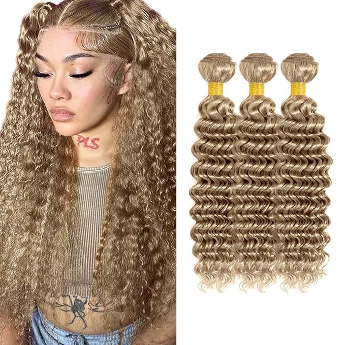 Ash Blonde Deep Wave Bundles Human Hair Color #22 Bundle Niegmeag Brazilian Virgin Remy Hair 3 Bundles 20 22 24 Inch Double Weft #22 Blonde Bundle Hair Weave