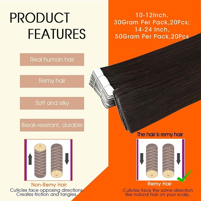 Full Shine Remy Injection Tape Hair Extensions Real Human Hair Double Sided Adhesive Human Hair Tape in Extensions Color 2 Darker Brown Invisible Extension 20Inch 50Gram Seamless Skin Weft 20Pcs