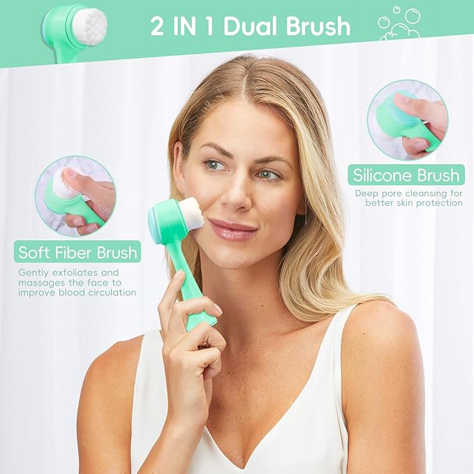 Facial Cleansing Brush, Spa Headband for Washing Face, Skincare Headband and Wristband Set, 2-in-1 Skin Care face Brush, Come with a Hair Scrunchie, for Massaging Makeup Skincare-Blue
