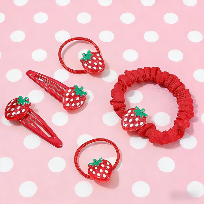 5PCS Strawberry Hair Clip and Hair Tie set, Fruit Metal Snap Accessories, Red Elastics No Damage Soft Rubber Hairbands, Cute Strawberry Accessories for Girls Toddlers Kids and Teens
