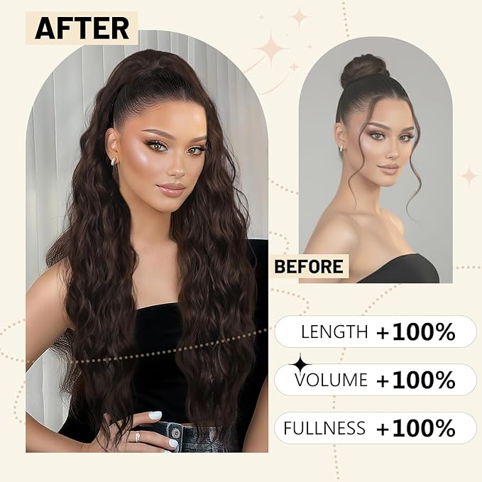 LEEONS 26 inch Drawstring ponytail Extension, Long Wavy pony tails hair extensions for Women - Synthetic Hairpiece Ponytail for Daily Use (Omber Black to Wine Red)