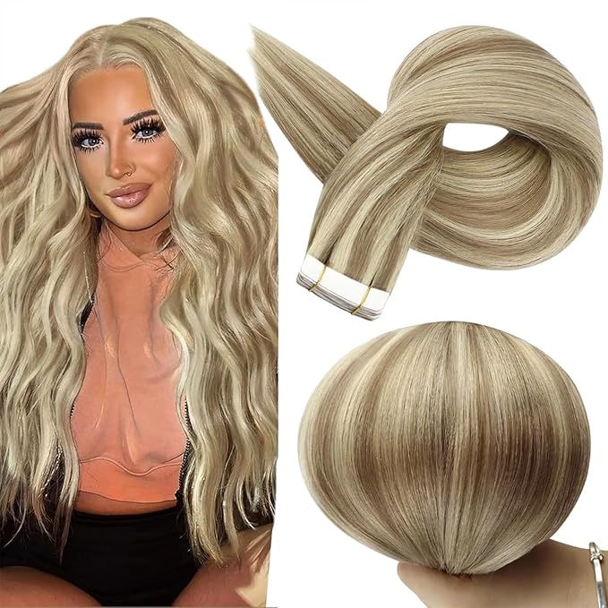Full Shine Tape in Extensions Human Hair 18 Inch Blonde Hair Extensions Tape Real Human Hair Color 16 Highlighted 22 Invisible Skin Weft Tape ins Remy Extensions 50g 20 Pcs Seamless Extension