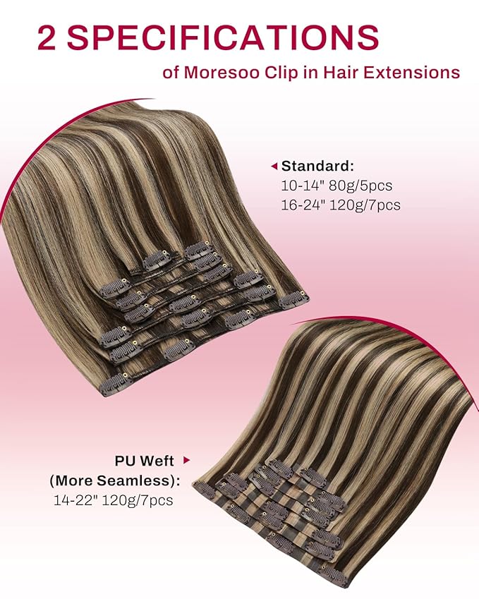 Moresoo Seamless Clip in Hair Extensions Human Hair Dark Brown with Caramel Blonde Highlights Hair Extensions Clip ins Pu Skin for Travel 14 inch 120g 7pcs