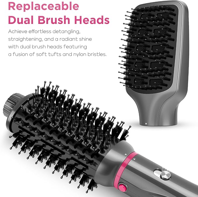 IG INGLAM 4 in 1 Hot Air Brush, Negative Ion Detachable Hair Styler & Volumizer with 2 Brush Heads, Updated Push Switch, Gray