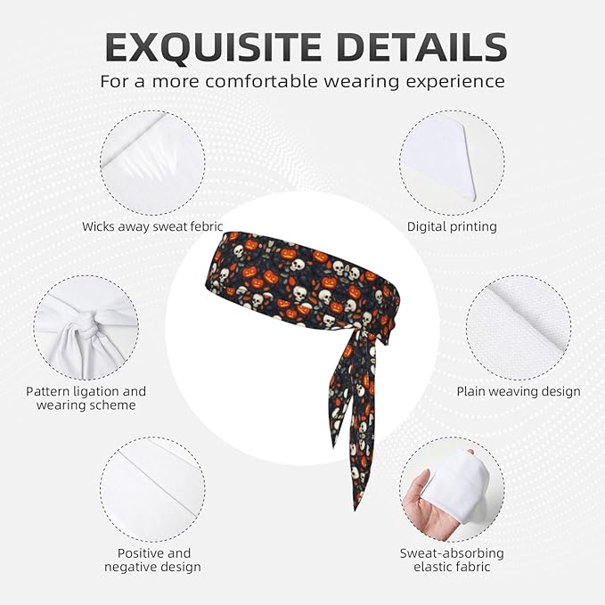 Men's Women Lovely Sports Sweatband Hair Decor for Sports Athletic Spa, Elastic Multipurpose Halloween Raven Pumpkin Skull Head Ribbon Headwear