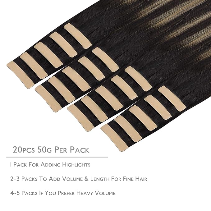WENNALIFE Tape in Hair Extensions Human Hair, 20pcs 50g 20 inch Natural Black to Light Blonde Remy Hair Extensions Straight Human Hair Tape in Extensions Skin Weft Tape Extensions Human Hair