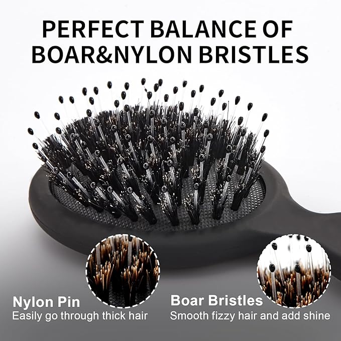 Mini Boar Bristles Hair Bursh, Travel Size Hair Brush for Women Men Kids, Protable Small Hair Brushes for Pockets Purses, Mini Hair Brush for Smooth Add Shine (1 Pack-Black)