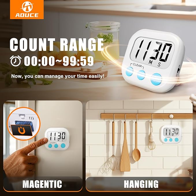2 Pack Digital Kitchen Timer for Cooking Big Digits Loud Alarm Magnetic Backing Stand Cooking Timers for Baking White