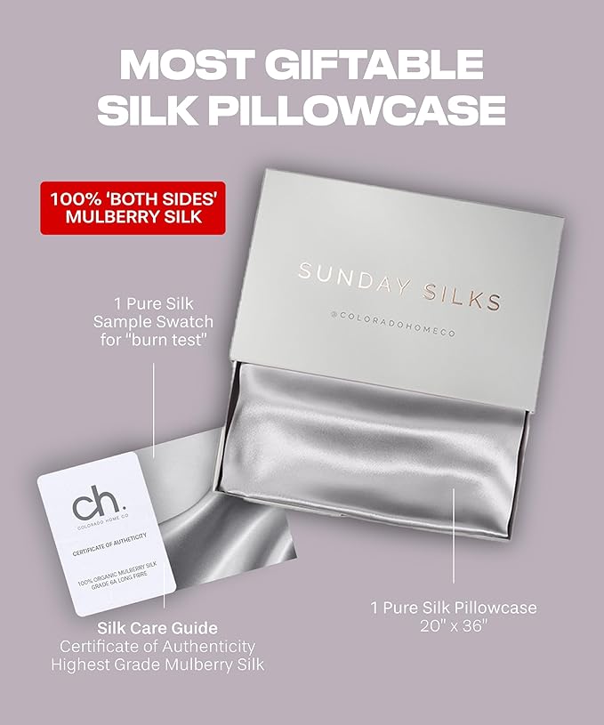 SUNDAYSILKS™ Premium Silk Pillow Cases | 100% Mulberry Silk Pillowcase with Zipper, Real 22 Momme Grade 6A Silk, Standard Queen, King Size [Silver Quartz]