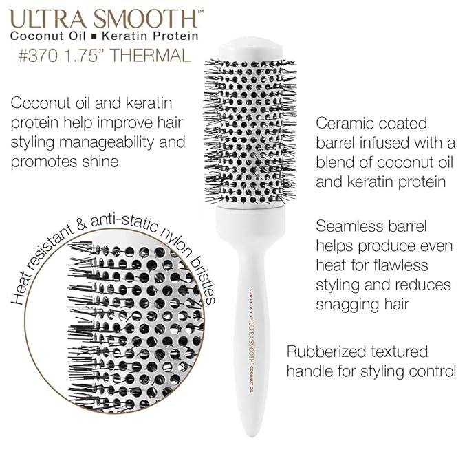 Cricket Ultra Smooth Coconut Thermal Hair Brush – 1.75” Ceramic Barrel, Coconut Oil and Keratin-Infused, Anti-Static Heat-Resistant Bristles, Textured Handle for Styling All Hair Types