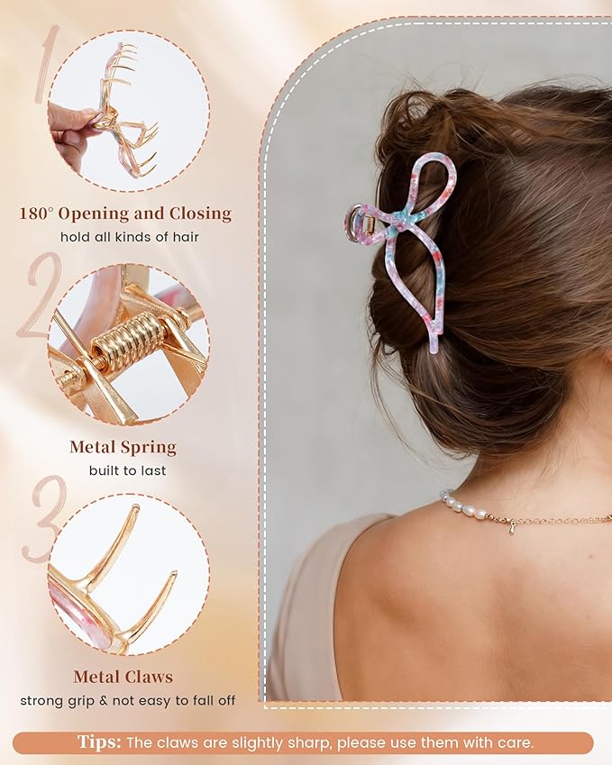 ACECHA 2 Pack Bow Hair Claw Clips for Women, 4.5" Gold Metal Hairclips for Thick Thin Hair, Large Non-slip Claws Strong Hold Styling (Floral 00)
