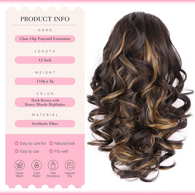 12 Inch Ponytail Extension - Soft Wavy Pony Tails Hair Extensions, Claw Clip Ponytail Extension, Synthetic Hair Extensions Ponytail, Clip in Ponytail (Color: Dark Brown with Honey Blonde Highlights)