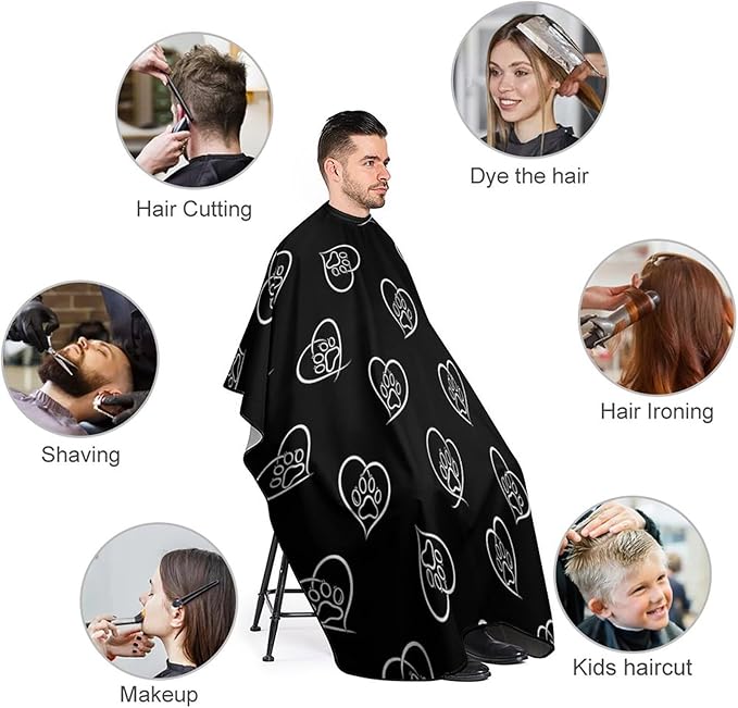 Large Long Hair Cutting Cape, Salon Apron Cat Dog Paw Prints Heart Black Haircuting Salon Cape Gown for Hair Cutting Styling