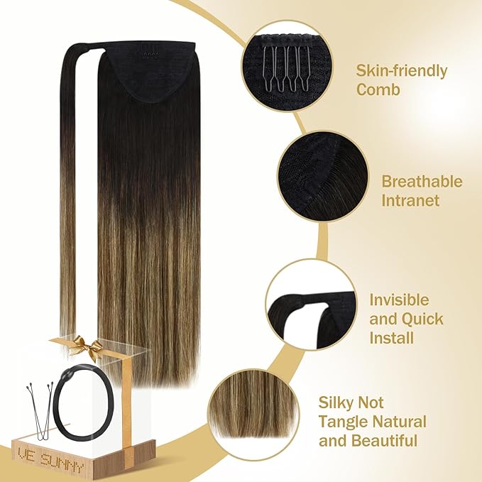 Ve Sunny Hair Extensions Ponytail Real Human Hair Wrap Around Clip in Ponytail Hair Extensions Straight Extensions Human Hair for Women Black Ombre Dark Brown Balayage Caramel Blonde 20inch 80G