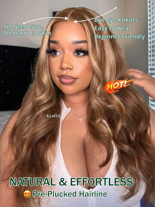 KLAIYI Bye Bye Knots Glueless Wig Highlight Blonde Body Wave Pre Cut 7x5 HD Lace Front Wigs Human Hair Pre Plucked Pre Bleached Pre Everything Wear and Go Wig 12A Ombre Brown 30S Ready To Wear 14Inch