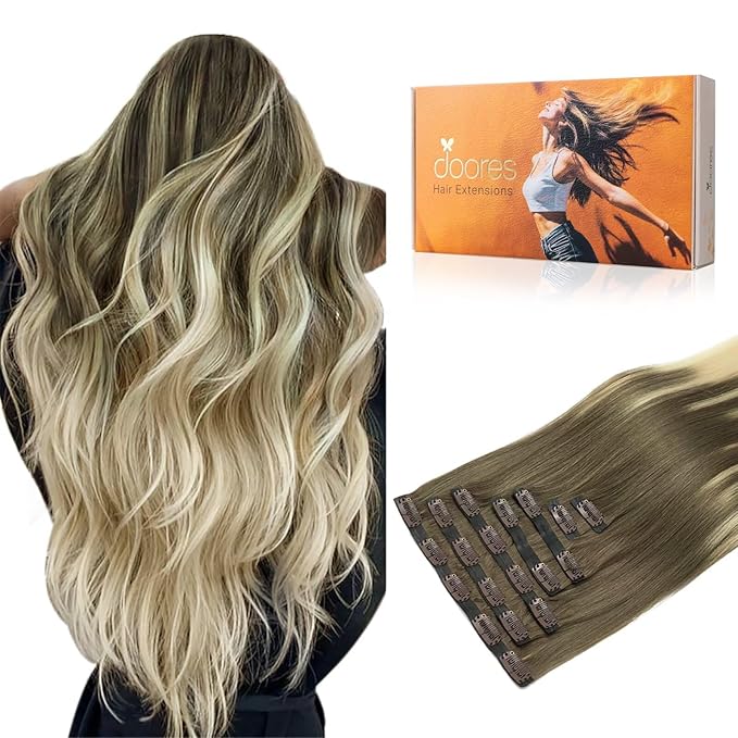DOORES Real Human Hair Extensions, Ash Brown to Platinum Blonde, 16 Inch, 130g, 7pcs, Seamless Clip in, Remy Straight, Invisi Edge
