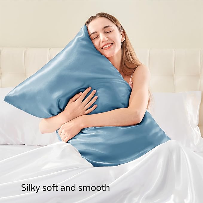 BEDELITE Satin Pillowcase with Zipper, Airy Blue King Size Pillow Cases Set of 2, Super Soft and Cooling Similar to Silk Pillow Cases, Gift for Women Men(20x36 Inches)