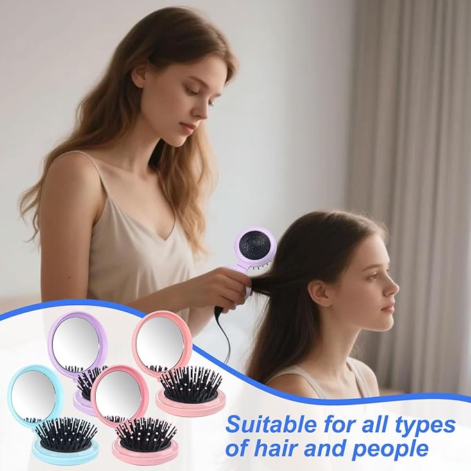 4 Colors Folding Mirror Hairbrush, 2 in 1 Compact Pocket Mirror Comb with DIY Stickers, Round Mini Pocket Makeup Mirror for Travel Women Girls (48 Pcs)