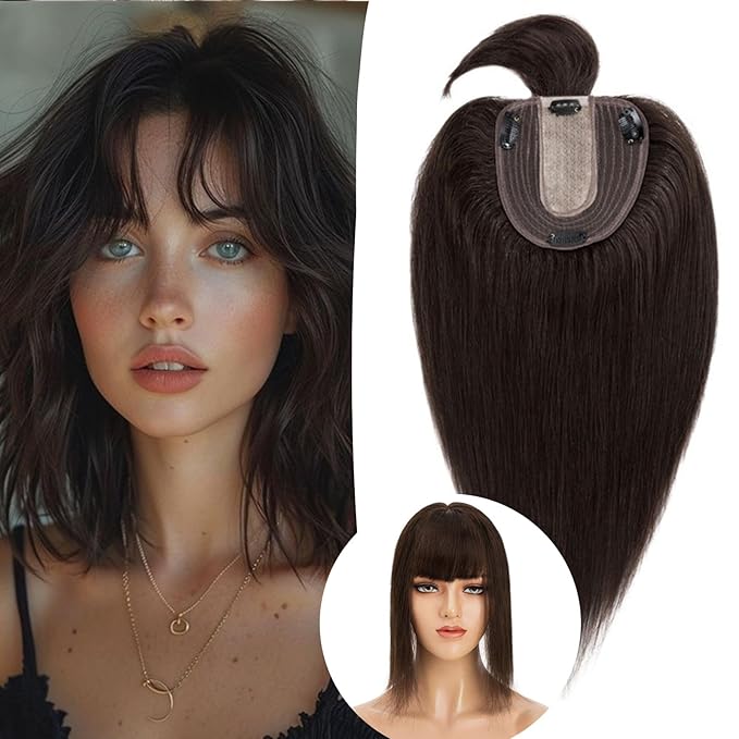Rich Choices Real Human Hair Toppers for Women With Bang 100% Remy Human Hair Topper for Thinning Hair Clip in Silk Base Hair Topper 12 Inch #2 Dark Brown