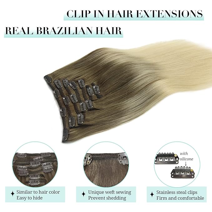 DOORES Human Hair Extensions Clip in, Ombre Ash Brown to Platinum Blonde 120g 7pcs 22 Inch, Clip in Hair Extensions Straight Natural Wedt