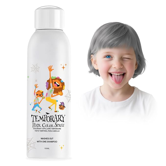 Gray Temporary Hair Color Spray for Kids, Grey Instant Colored Hair Dye Alternative for Girls Boys Teens Women Men, Disposable Washable, Quick Styling for Party Christmas Halloween, 150ml