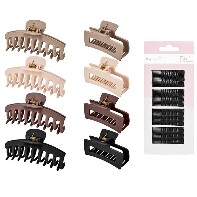 Hair Clips Set | 8 Matte Non-Slip Claw Clips (4.3"/3.5") + 60Pcs 2" Black Bobby Pins | All-in-One Set for Thick/Thin Hair | Secure Hold for All Hair Types, Neutral Colors