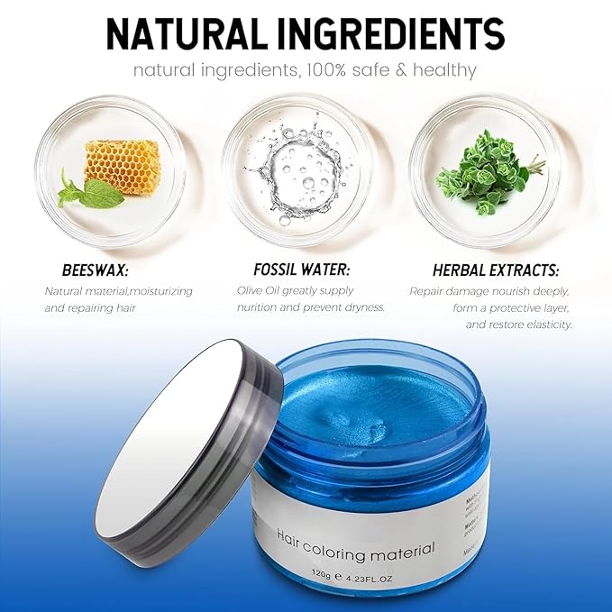 Blue Hair Color Wax Pomades 4.23 oz - Natural Hair Coloring Wax Material Disposable Hair Styling Clays Ash for Cosplay, Party (Blue)