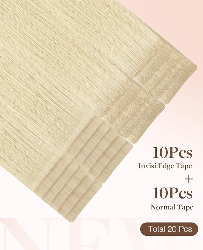 GOO GOO Invisi Edge Tape in Hair Extensions Human Hair, 613R Bleach Blonde 10pcs injected with 10pcs classical tape ins, 18inch 50g, Virgin Remy Hair, Natural Look