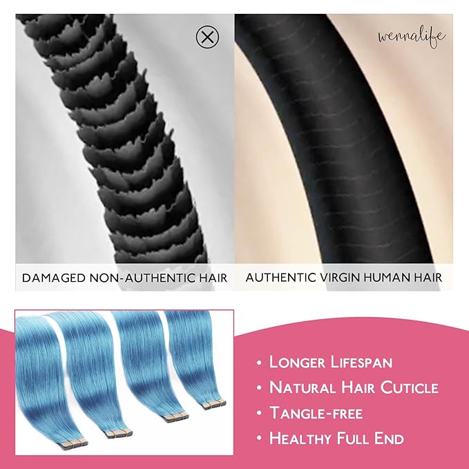 WENNALIFE Tape in Hair Extensions Human Hair SkyBlue Tape in Extensions, 10pcs 25g 16 inch Remy Invisible Tape Ins Straight Colored Soft Real Human Hair Tape in Extensions Refill Set Extensions
