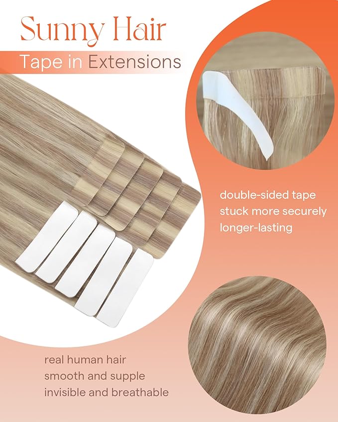 Sunny Hair Blonde Tape in Hair Extensions Human Hair Remy Hair Extensions Real Human Hair Tape in 24inch Human Hair Extensions Tape in 10Pcs 25g
