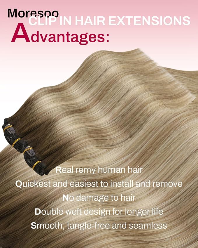 Moresoo Seamless Clip ins Human Hair Balayage Brown to Blonde Clip in Hair Extensions Real Human Hair Light Brown with Medium Blonde Pu Skin 120g/7pcs 16 inch