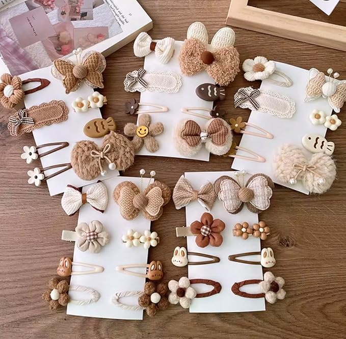 Hair Clips for Baby Girls-8 Pcs Beige Hair Accessories with Knitted Flower, Bow, Butterfly Designs-Soft Wool and Crochet Hairpins-Non-Slip Barrettes for Daily and Occasional Wear (Design 5-8pc Set)