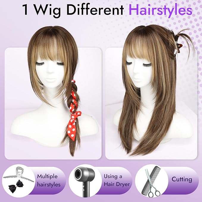 Wig with Bangs for Women Ombre Brown to Blonde Straight Face-Framing Layers Hairstyle 4x4 Realistic Scalp Glueless Synthetic Wigs Medium Length for Everyday Use