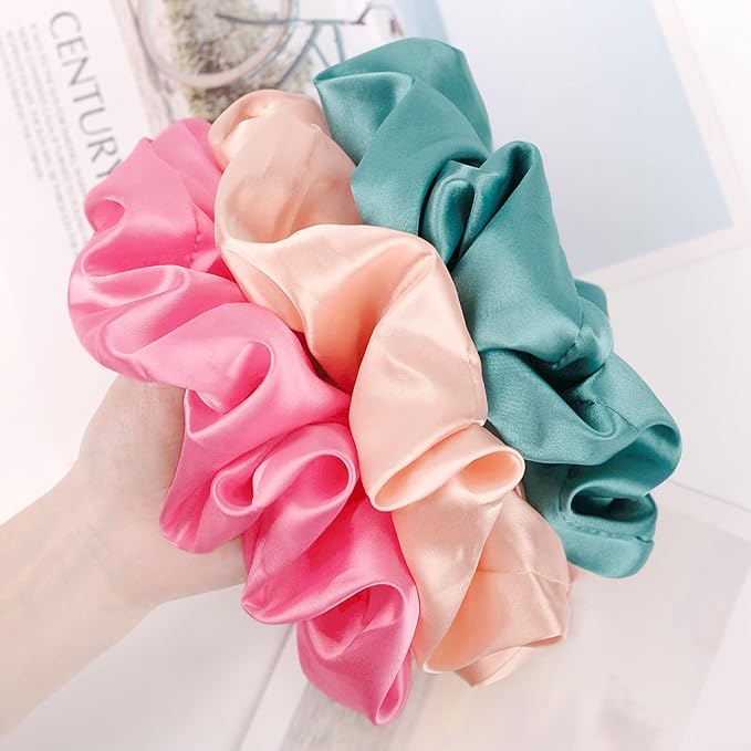 CEELGON Big Real Silk Scrunchies for Hair Satin Oversized for Sleep Large Scrunchie for Curly Hair Silk Thick Elastic Hair Ties Jumbo Hair Scrunchies 6 Pack (black, champagne, pink,khaki, blue, shell pink)