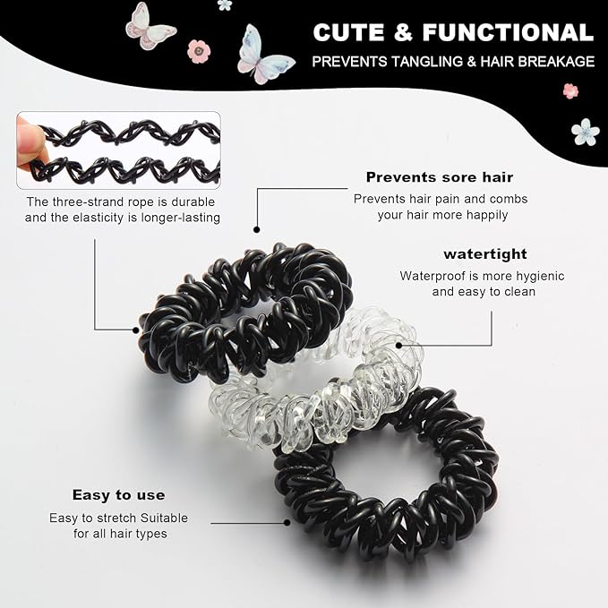 Upgraded Version Spiral Hair ties for Women, No Crease Clear Coil Hair Ties Spiral Ponytail Holders Scrunchies, Hair Coils/Phone Cord Hair Ties for Thin Hair/Soft Elastic. (8, Black and White）