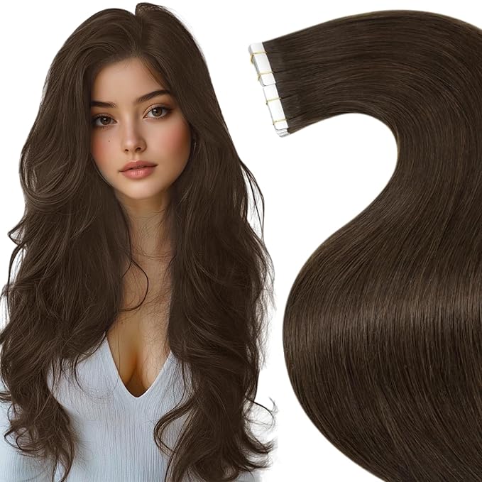 LaaVoo Brown Tape in Hair Extensions Human Hair Seamless Hair Extensions Tape in #4 Dark Brown Tapes on Extensions Invisible Hair 20 Inch 20pcs 50g
