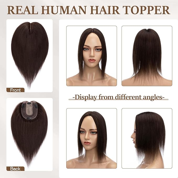 Rich Choices Hair Toppers for Women Real Human Hair 100% Human Remy Toppers NO Bangs for Women with Thinning on Top Clip in Hairpiece 4"x4.7"Lace Base 10 Inch #2 Dark Brown