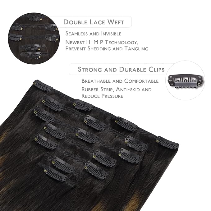 WENNALIFE Clip in Human Hair Extensions, 14 Inch 120g 7pcs Natural Black to Chestnut Brown Balayage Remy Clip in Hair Extensions Real Human Hair Double Weft