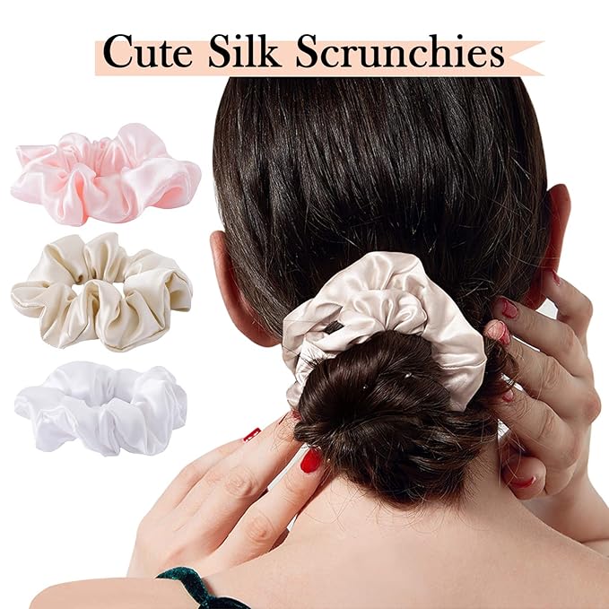 Mulberry Silk Hair Ties - Frizz Prevention, Sleep Accessories for Women (Beige, White, Pink, 3-Pack)