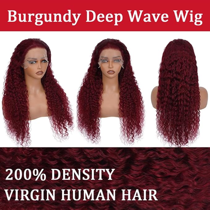 34 Inch 13x6 Burgundy Lace Front Wigs Human Hair Deep Wave Red Frontal Deep Wave HD Lace Front Wigs Human Hair Red Burgundy Wet Wavy 200 Density