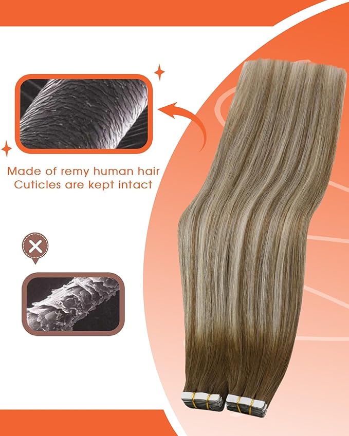 Sunny Hair Tape in Hair Extensions Real Human Hair Invisible Remy Hair Extensions Tape ins for Women Medium Brown Ombre PLatinum Blonde Balayage 22 inch 25G