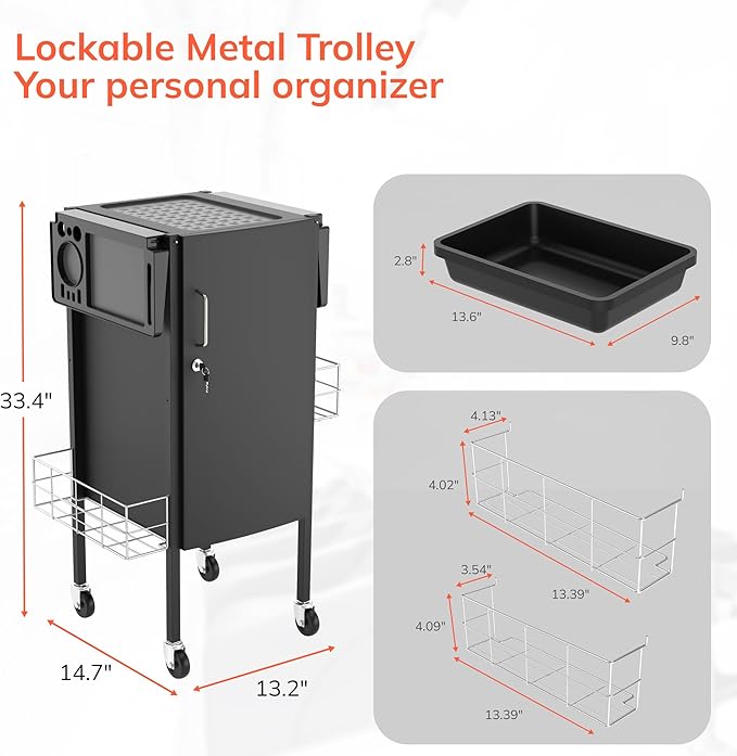 TASALON New Upgrade Salon Metal Trolley Cart-Space Saving Rolling Beauty Cart for Extra Storage, Lockable 5 Trays, 2 Folding Tray Holders, 2 Metal Baskets- Hair for Hair Stylist Multipurpose