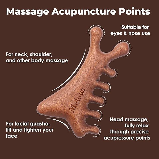 4 in 1 Sandalwood Gua Sha Massager, Scraping Massage Comb for Hair, Face, Eye, Neck & Body Meridian Therapy Tool for Relaxation & Rejuvenation