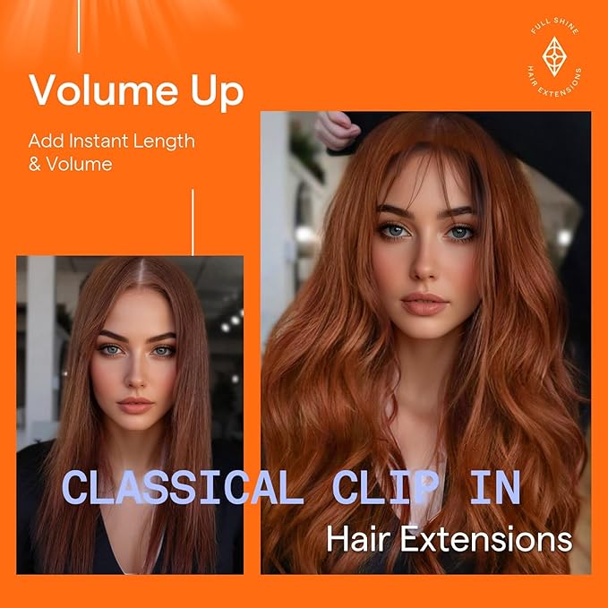 Full Shine Copper Human Hair Clip in Extensions 18 Inch Copper Orange Hair Extensions Clip ins Invisible Remy Hair Extensions Straight for Raving 7 Pcs 120 G